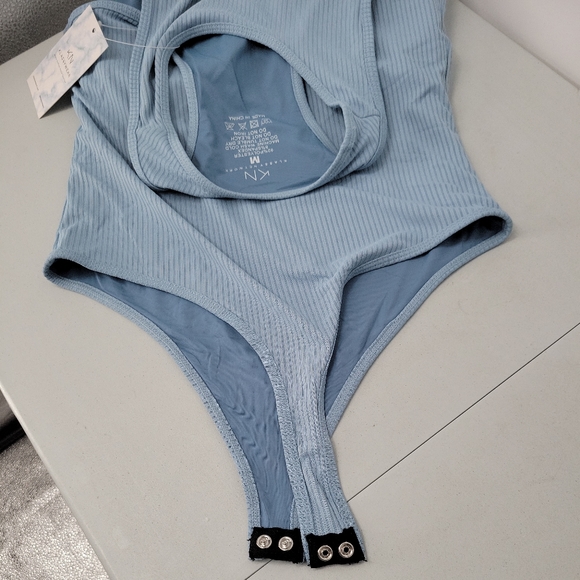 NEW Klassywear Womens High Neck Brami Bodysuit Blue Ribbed Medium Klassy Network - Picture 9 of 10